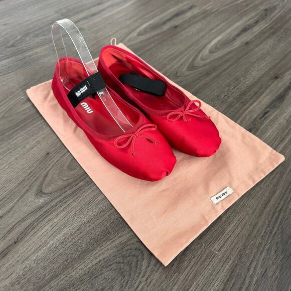 Miu Miu Red Satin Dainty Leather Bow Ballet Flats 36 Logo Strap Shoes Holiday - Picture 8 of 8